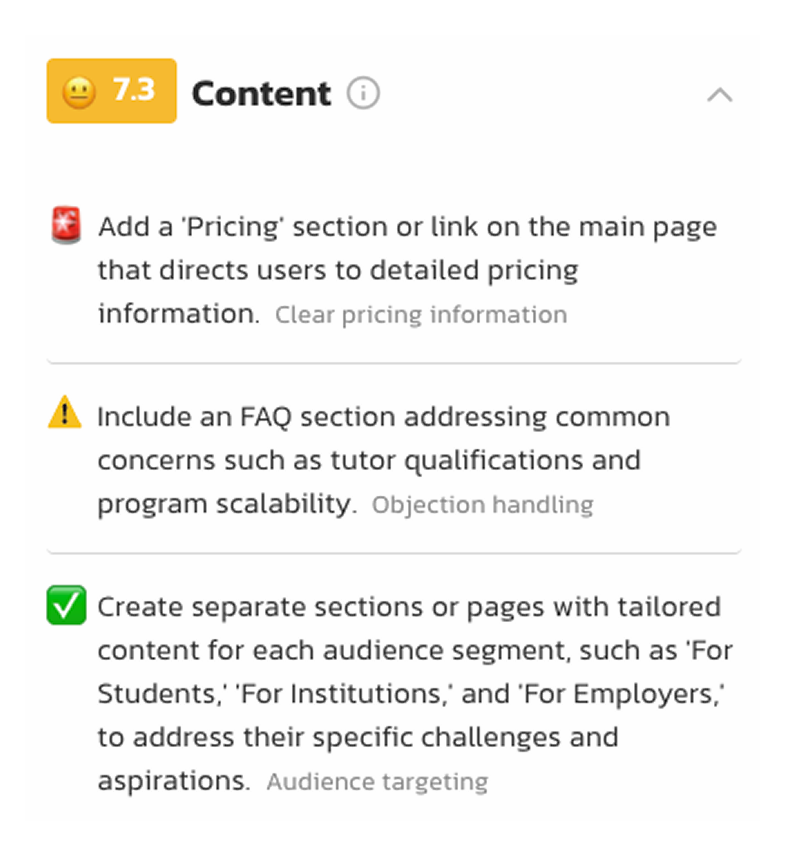 Content optimization analysis showing 7.3/10 score with actionable recommendations including adding pricing section, FAQ improvements, and audience-specific content targeting - AI-powered content strategy recommendations for better user engagement and conversion rates