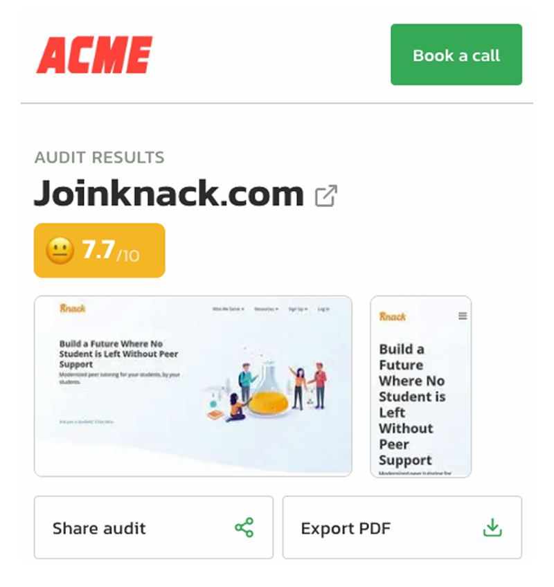 White-labeled website audit report for Joinknack.com showing 7.7/10 overall score, with ACME agency branding, desktop and mobile website previews, and easy sharing options including 'Share audit' and 'Export PDF' buttons - Example of professional audit report customization